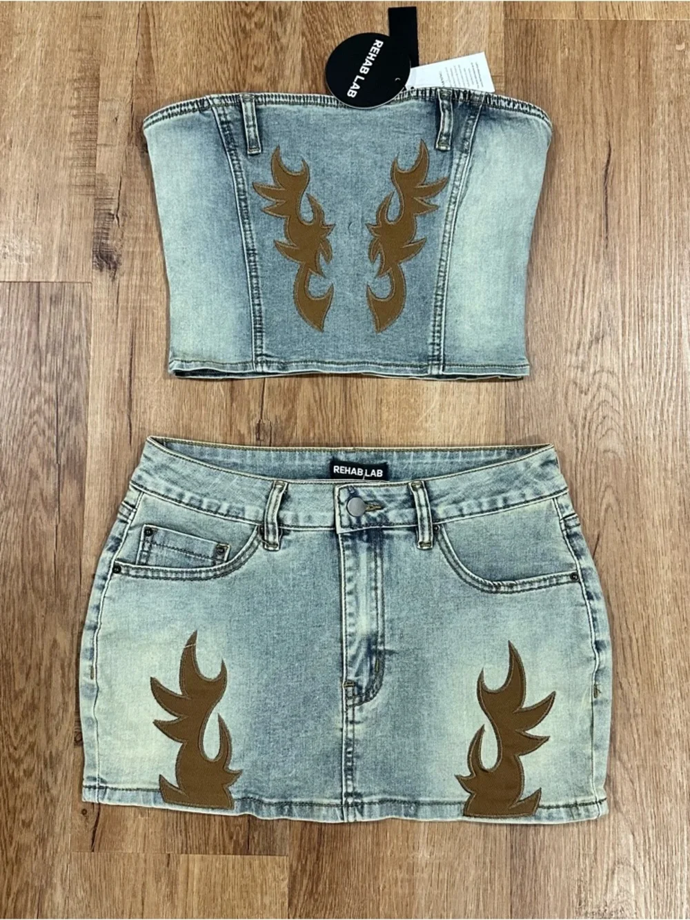 Rehab Light Blue Denim Mini Skirt and top two piece set Brown Flame Appliqués - Picture 1 of 4